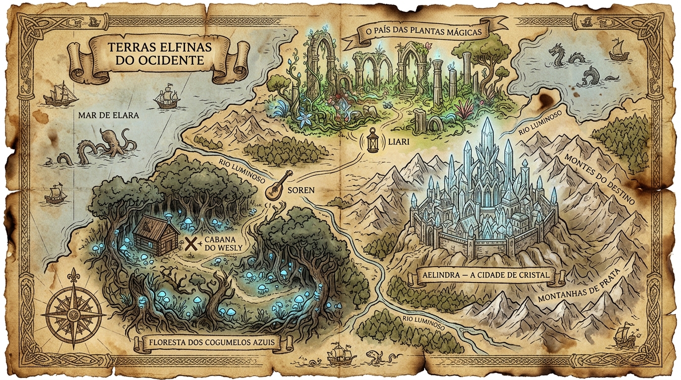 Mapa das Terras Elfinas — Floresta dos Cogumelos Azuis, Aelindra e O País das Plantas Mágicas